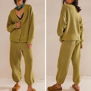 Free People Olive Knit Button-Front Cardigan and Joggers Set